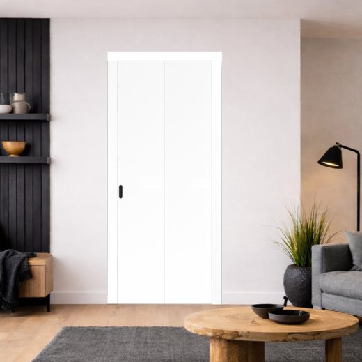 Складная дверь книжка Optima Porte двухстворчатая глухая Неаполь 201 с ABS кромкой черного цвета (Белый снежный)