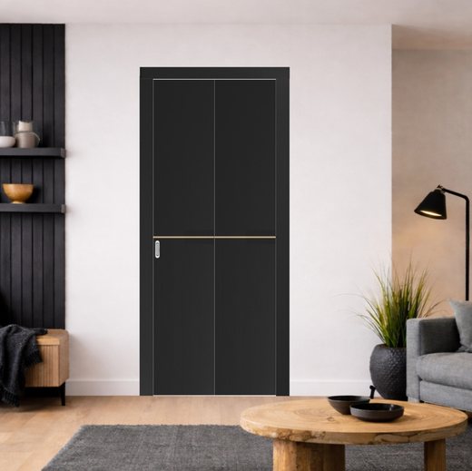 Складная дверь книжка Optima Porte двухстворчатая глухая Неаполь 202 с черной ABS кромкой с 4х сторон (Антрацит)