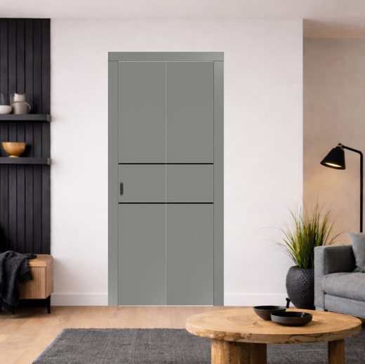 Складная дверь книжка Optima Porte двухстворчатая глухая Неаполь 203 с черной ABS кромкой с 4х сторон (Серый)