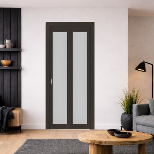 Складная дверь книжка Optima Porte остекленная Турин 501.2 (Венге / стекло Сатин)