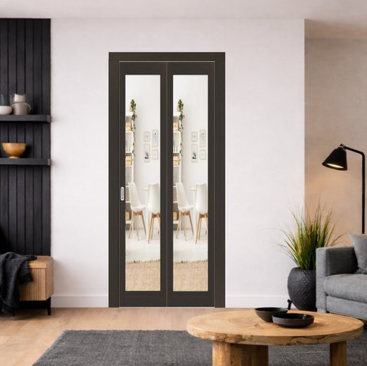 Складная дверь книжка Optima Porte остекленная Турин 501.2 (Венге / Зеркало с 1 стороны)