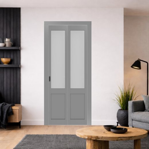 Складная дверь книжка Optima Porte остекленная Турин 502.21 (Серый / стекло Сатин)