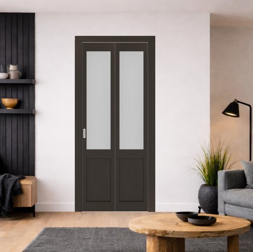 Складная дверь книжка Optima Porte остекленная Турин 502.21 (Венге / стекло Сатин)