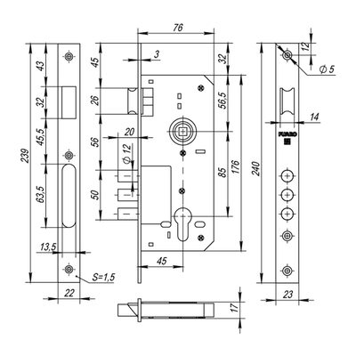 Корпус врезного замка с защёлкой DD900/C-45.85.3MR (900 3MR W/B) PB латунь, фото 2