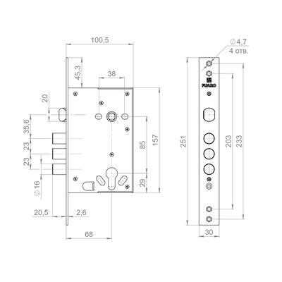 Корпус врезного замка полуавтоматический с защёлкой MDV32.21/C-65.85.3R16 S/A, фото 3