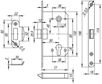Корпус врезного замка c защёлкой PLASTP85C-50 (P85C-50) GR графит, фото 3